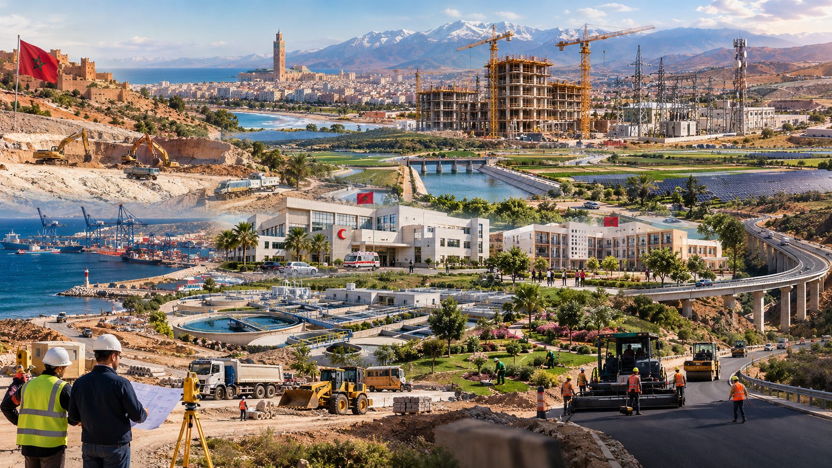 Stade marocain en construction, illustrant la commande publique